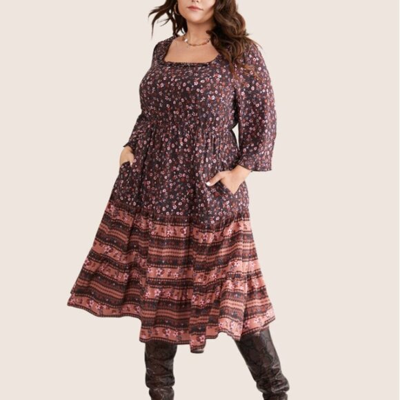 BloomChic Ditsy Floral Patchwork Square Neck Frill Trim Dress Size L us 12 - Picture 3 of 7